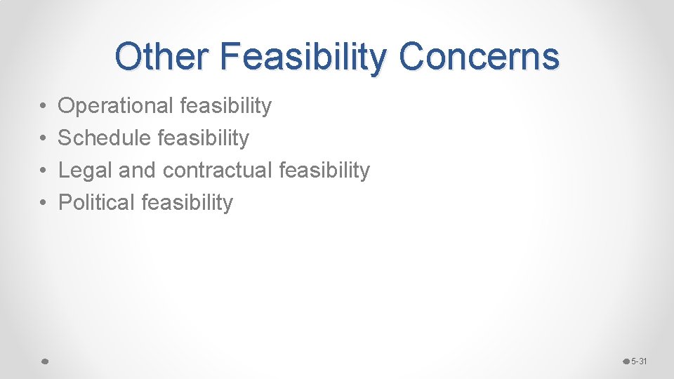 Other Feasibility Concerns • • Operational feasibility Schedule feasibility Legal and contractual feasibility Political Other Feasibility Concerns • • Operational feasibility Schedule feasibility Legal and contractual feasibility Political