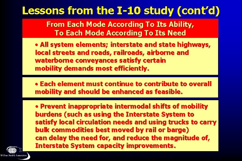 Lessons from the I-10 study (cont’d) From Each Mode According To Its Ability, To