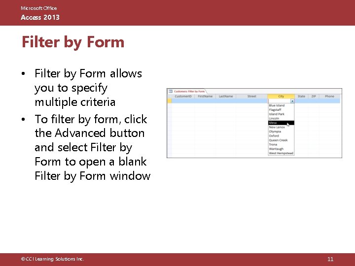 Microsoft Office Access 2013 Filter by Form • Filter by Form allows you to