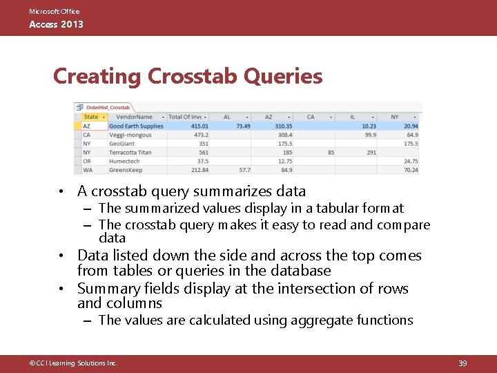 Microsoft Office Access 2013 Creating Crosstab Queries • A crosstab query summarizes data –