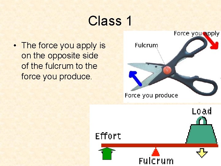 Class 1 • The force you apply is on the opposite side of the Class 1 • The force you apply is on the opposite side of the