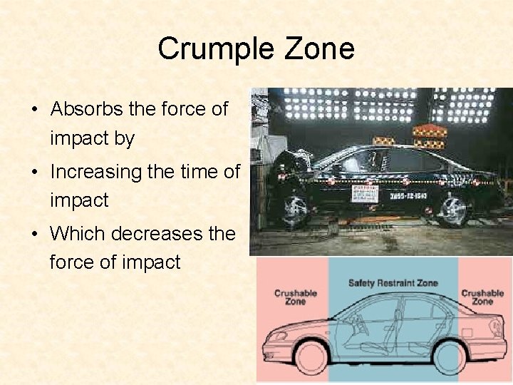 Crumple Zone • Absorbs the force of impact by • Increasing the time of Crumple Zone • Absorbs the force of impact by • Increasing the time of