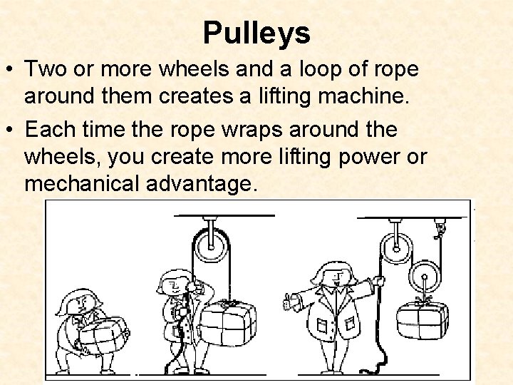 Pulleys • Two or more wheels and a loop of rope around them creates Pulleys • Two or more wheels and a loop of rope around them creates