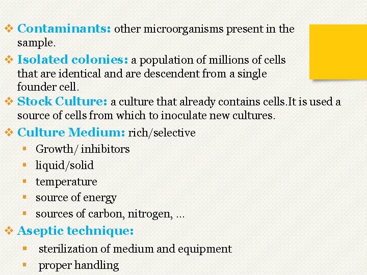 v Contaminants: other microorganisms present in the sample. v Isolated colonies: a population of