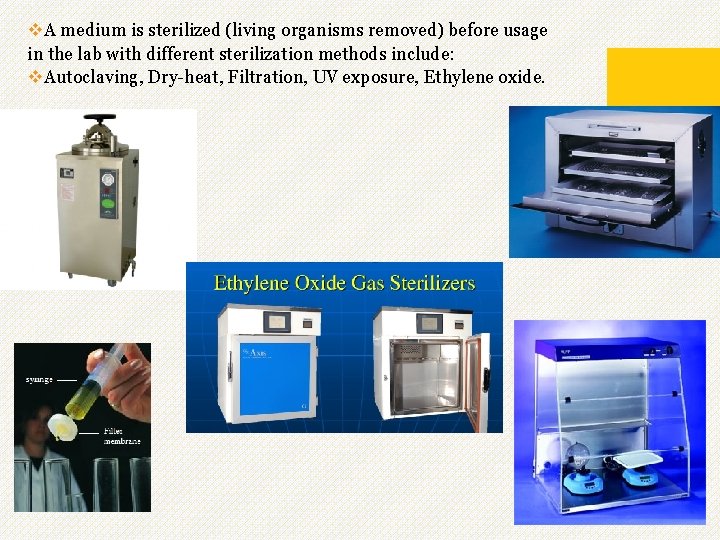 v. A medium is sterilized (living organisms removed) before usage in the lab with
