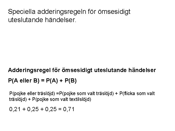 Speciella adderingsregeln för ömsesidigt uteslutande händelser. Adderingsregel för ömsesidigt uteslutande händelser P(A eller B)