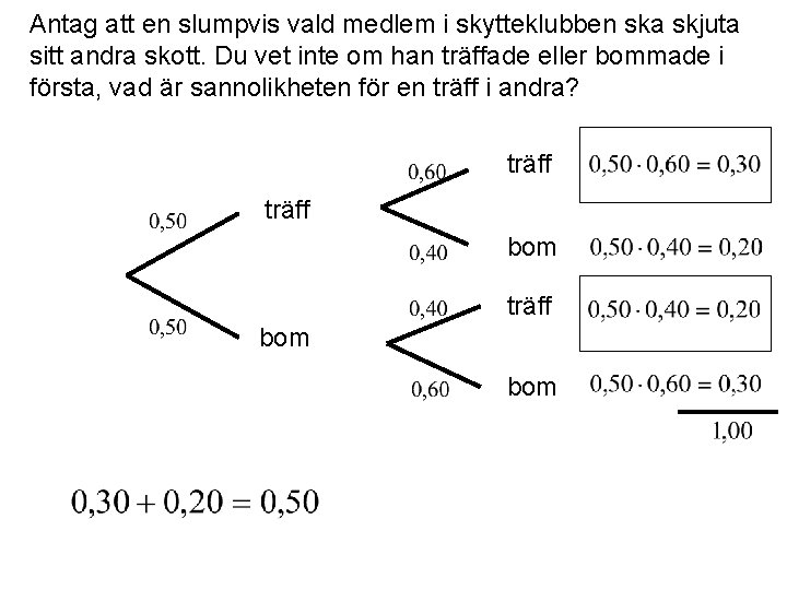 Antag att en slumpvis vald medlem i skytteklubben ska skjuta sitt andra skott. Du