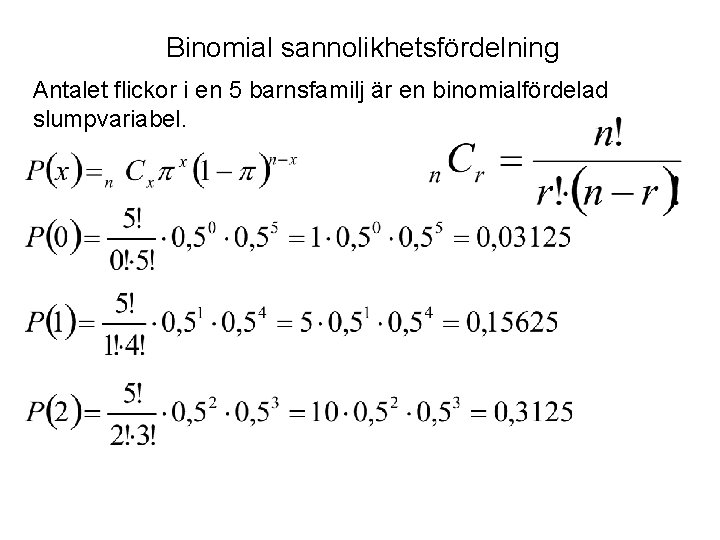 Binomial sannolikhetsfördelning Antalet flickor i en 5 barnsfamilj är en binomialfördelad slumpvariabel. Binomial sannolikhetsfördelning Antalet flickor i en 5 barnsfamilj är en binomialfördelad slumpvariabel.
