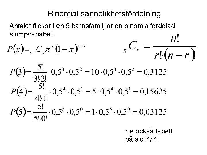 Binomial sannolikhetsfördelning Antalet flickor i en 5 barnsfamilj är en binomialfördelad slumpvariabel. Se också