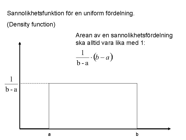 Sannolikhetsfunktion för en uniform fördelning. (Density function) Arean av en sannolikhetsfördelning ska alltid vara