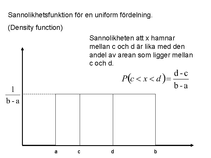 Sannolikhetsfunktion för en uniform fördelning. (Density function) Sannolikheten att x hamnar mellan c och