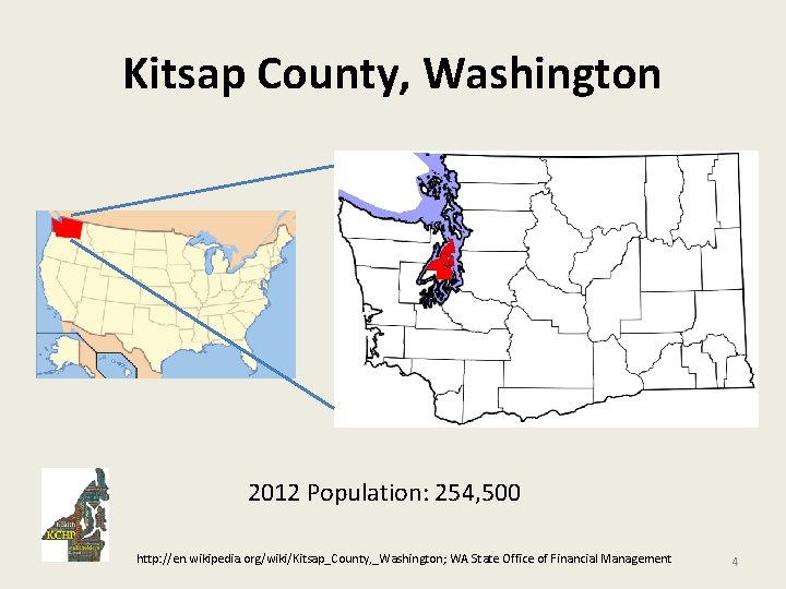 Kitsap County, Washington 2012 Population: 254, 500 http: //en. wikipedia. org/wiki/Kitsap_County, _Washington; WA State
