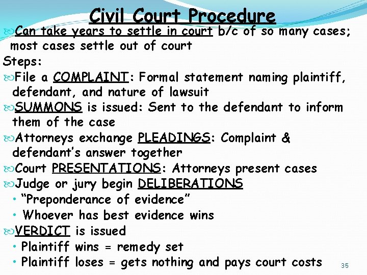 Civil Court Procedure Can take years to settle in court b/c of so many