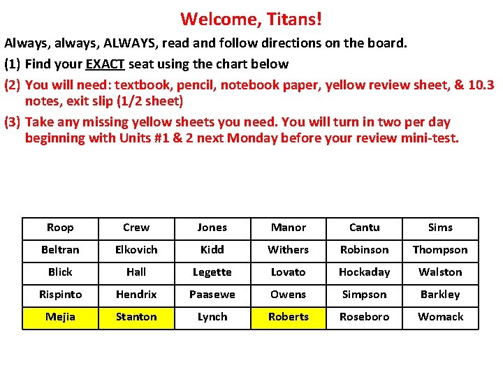 Welcome, Titans! Always, always, ALWAYS, read and follow directions on the board. (1) Find