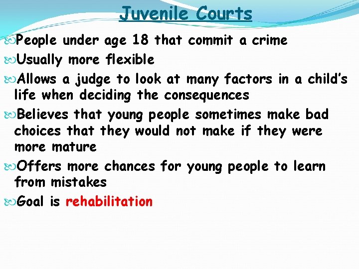 Juvenile Courts People under age 18 that commit a crime Usually more flexible Allows