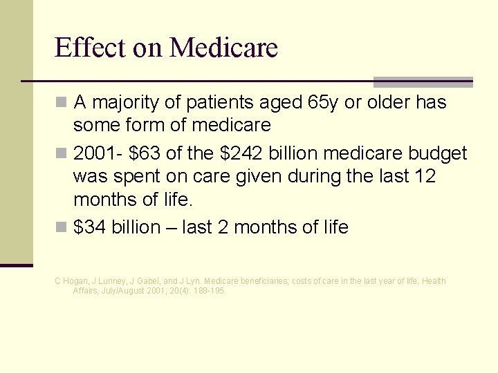 Effect on Medicare n A majority of patients aged 65 y or older has