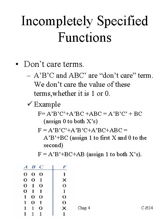 Incompletely Specified Functions • Don’t care terms. – A’B’C and ABC’ are “don’t care”