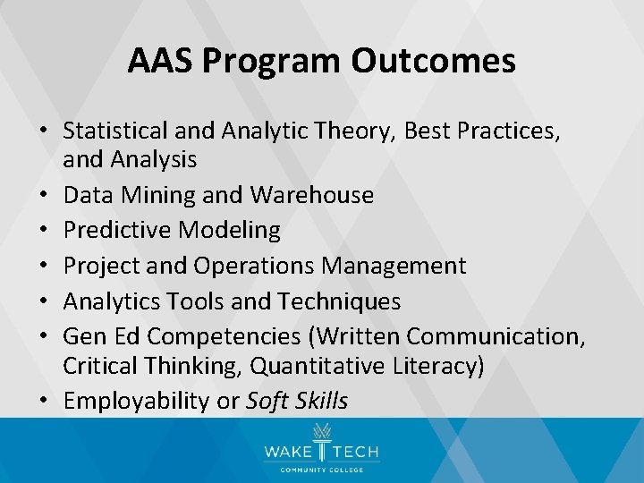 AAS Program Outcomes • Statistical and Analytic Theory, Best Practices, and Analysis • Data