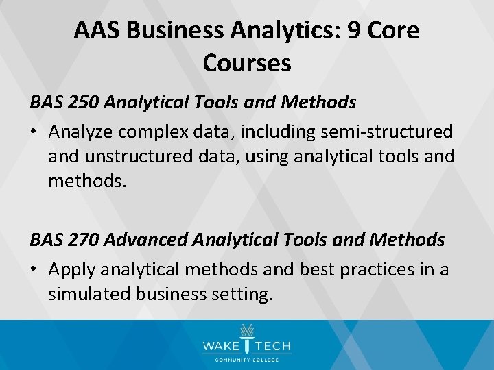 AAS Business Analytics: 9 Core Courses BAS 250 Analytical Tools and Methods • Analyze