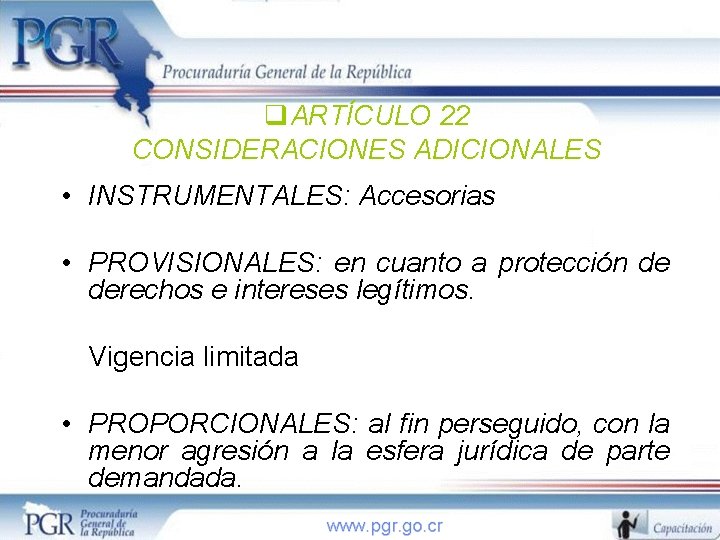 q. ARTÍCULO 22 CONSIDERACIONES ADICIONALES • INSTRUMENTALES: Accesorias • PROVISIONALES: en cuanto a protección