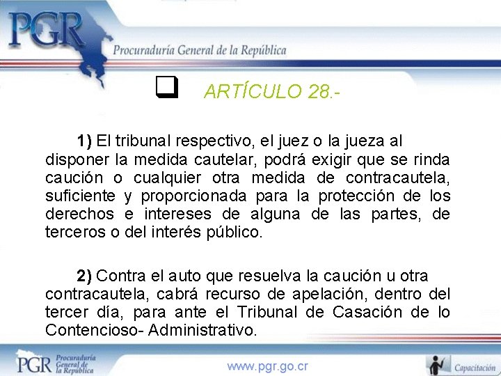 q ARTÍCULO 28. - 1) El tribunal respectivo, el juez o la jueza al