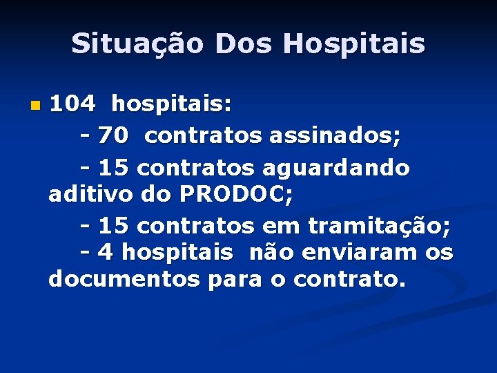 Situação Dos Hospitais n 104 hospitais: - 70 contratos assinados; - 15 contratos aguardando