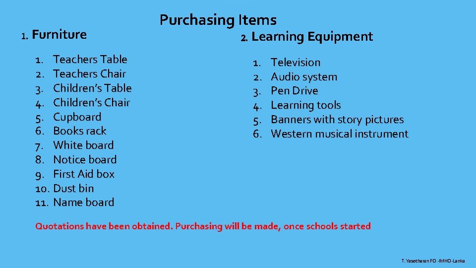 1. Furniture 1. Teachers Table 2. Teachers Chair 3. Children’s Table 4. Children’s Chair