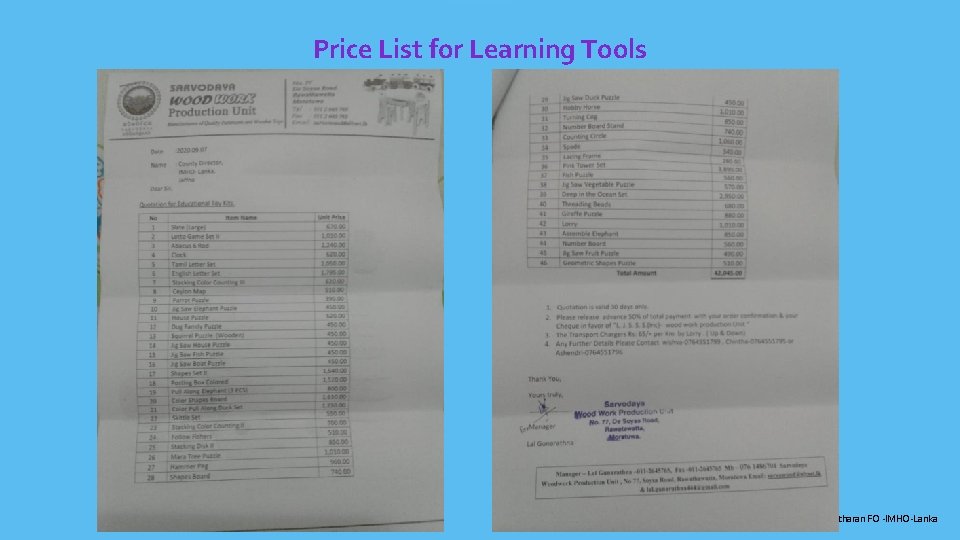 Price List for Learning Tools T. Yasotharan FO -IMHO-Lanka 