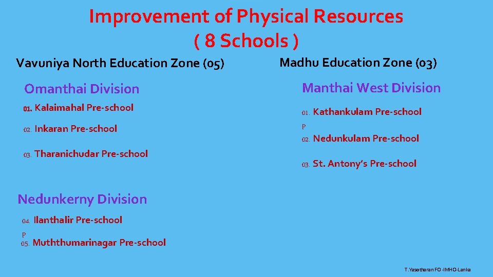Improvement of Physical Resources ( 8 Schools ) Vavuniya North Education Zone (05) Madhu