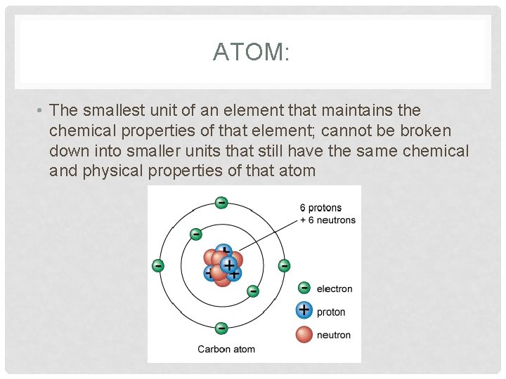 ATOM: • The smallest unit of an element that maintains the chemical properties of