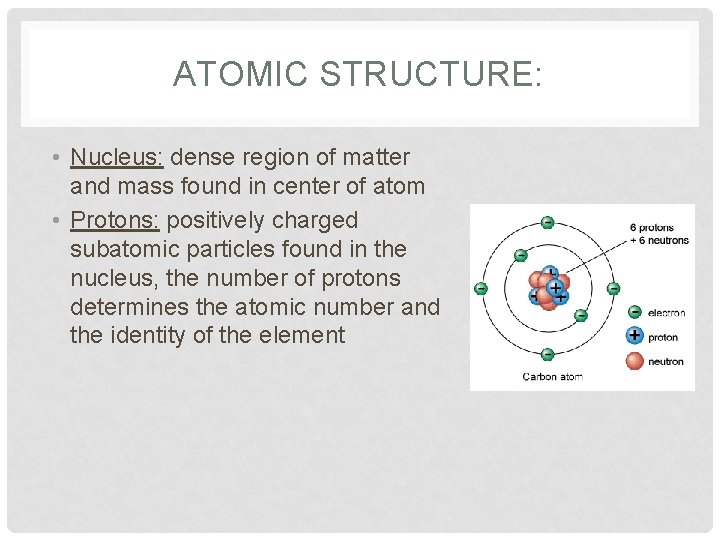 ATOMIC STRUCTURE: • Nucleus: dense region of matter and mass found in center of