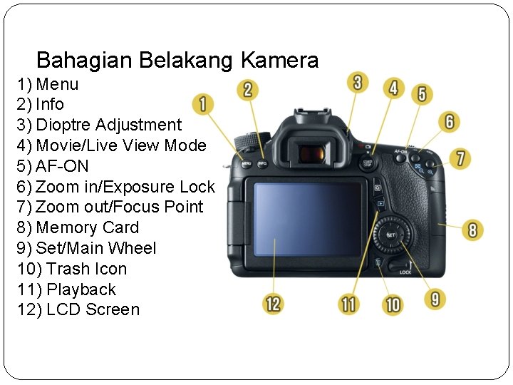 Bahagian Belakang Kamera 1) Menu 2) Info 3) Dioptre Adjustment 4) Movie/Live View Mode