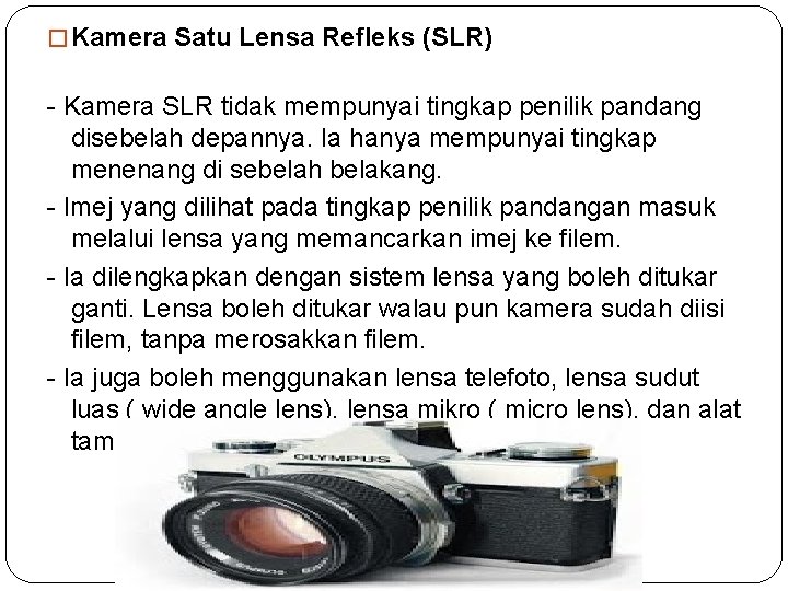 � Kamera Satu Lensa Refleks (SLR) - Kamera SLR tidak mempunyai tingkap penilik pandang