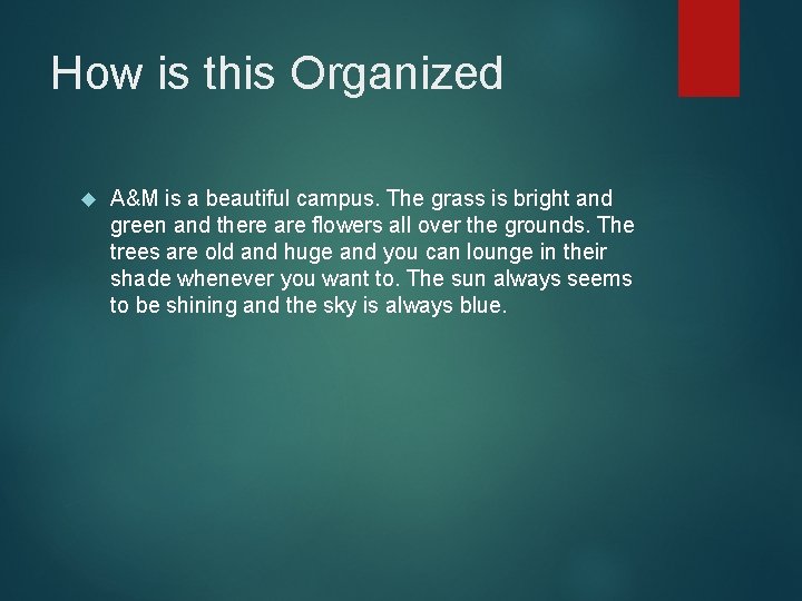 How is this Organized A&M is a beautiful campus. The grass is bright and