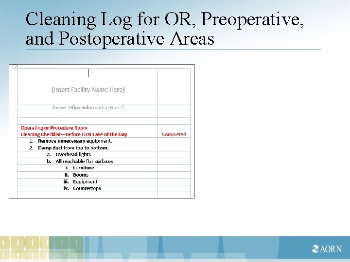Cleaning Log for OR, Preoperative, and Postoperative Areas 
