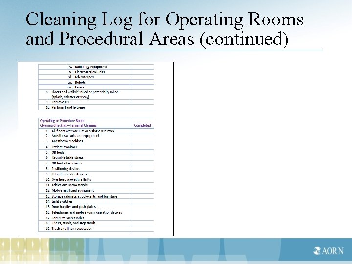 Cleaning Log for Operating Rooms and Procedural Areas (continued) 