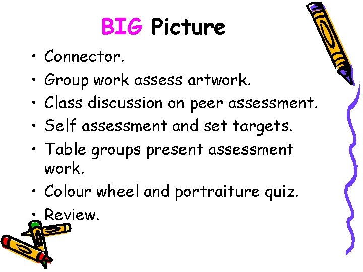 BIG Picture • • • Connector. Group work assess artwork. Class discussion on peer