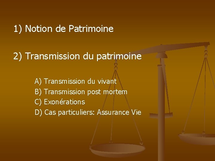 1) Notion de Patrimoine 2) Transmission du patrimoine A) Transmission du vivant B) Transmission