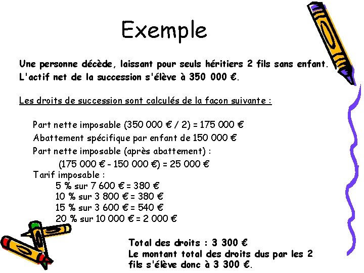 Exemple Une personne décède, laissant pour seuls héritiers 2 fils sans enfant. L'actif net