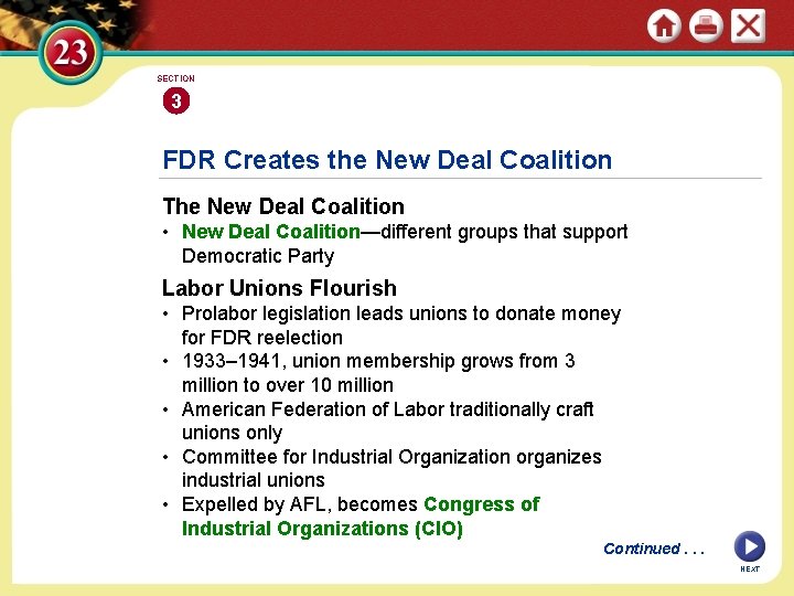 SECTION 3 FDR Creates the New Deal Coalition The New Deal Coalition • New