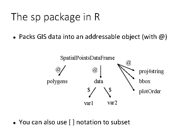 The sp package in R Packs GIS data into an addressable object (with @)