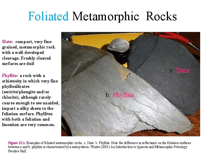 Foliated Metamorphic Rocks Slate: compact, very finegrained, metamorphic rock with a well-developed cleavage. Freshly
