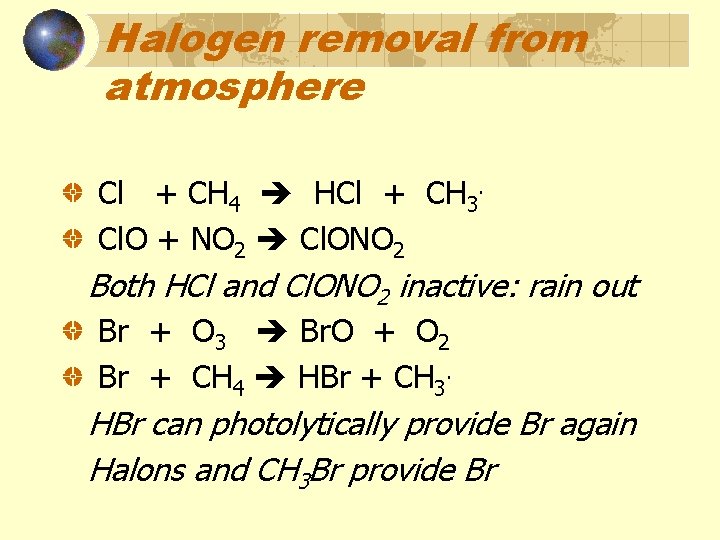 Halogen removal from atmosphere Cl + CH 4 HCl + CH 3. Cl. O
