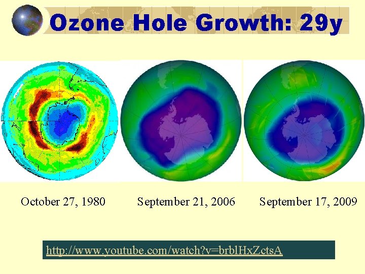Ozone Hole Growth: 29 y October 27, 1980 September 21, 2006 September 17, 2009