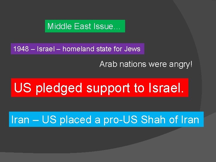 Middle East Issue… 1948 – Israel – homeland state for Jews Arab nations were