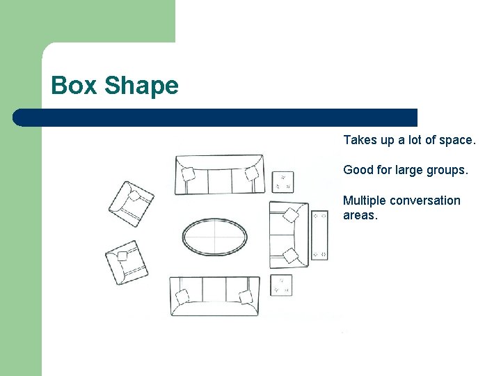 Box Shape Takes up a lot of space. Good for large groups. Multiple conversation