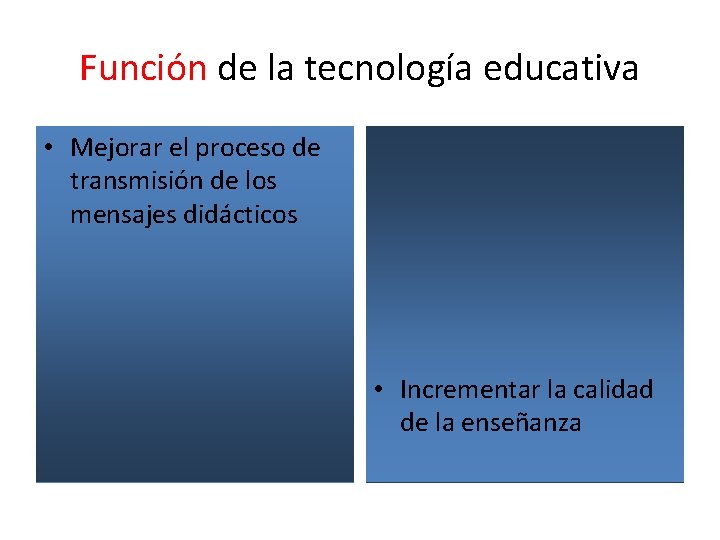 Función de la tecnología educativa • Mejorar el proceso de transmisión de los mensajes