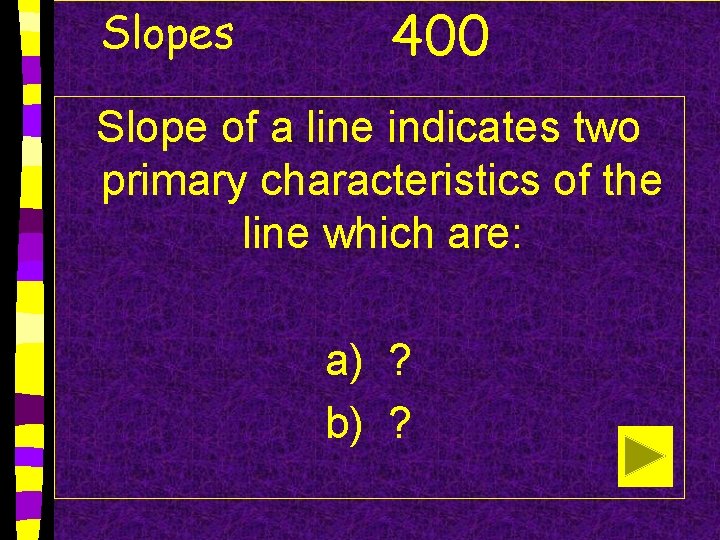Slopes 400 Slope of a line indicates two primary characteristics of the line which