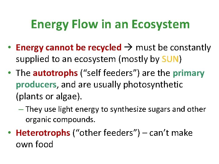 Energy Flow in an Ecosystem • Energy cannot be recycled must be constantly supplied