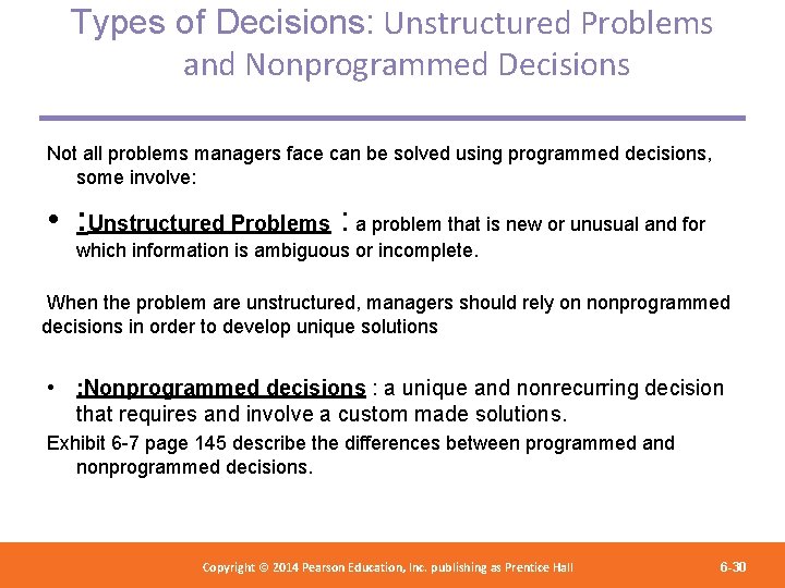 Types of Decisions: Unstructured Problems and Nonprogrammed Decisions Not all problems managers face can